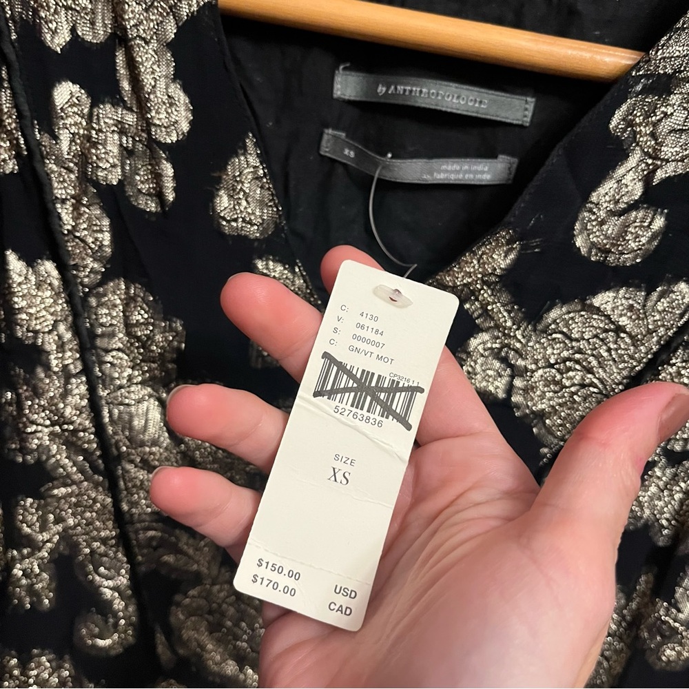 NWT by Anthropologie Metallic Gold Black Foil Mini Tunic Long Sleeve Dress Mesh - Picture 4 of 12
